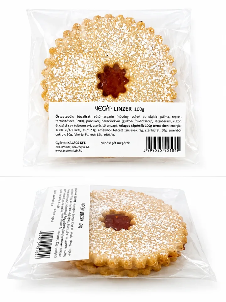 Csillag alakú kivágással, porcukorral hintett, lekváros linzer sütemény, csomagolva.