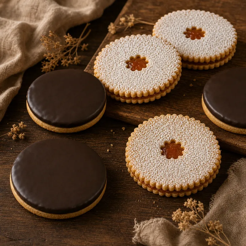 Lekváros linzer és csokoládéval bevont Isler sütemények fadeszkán.